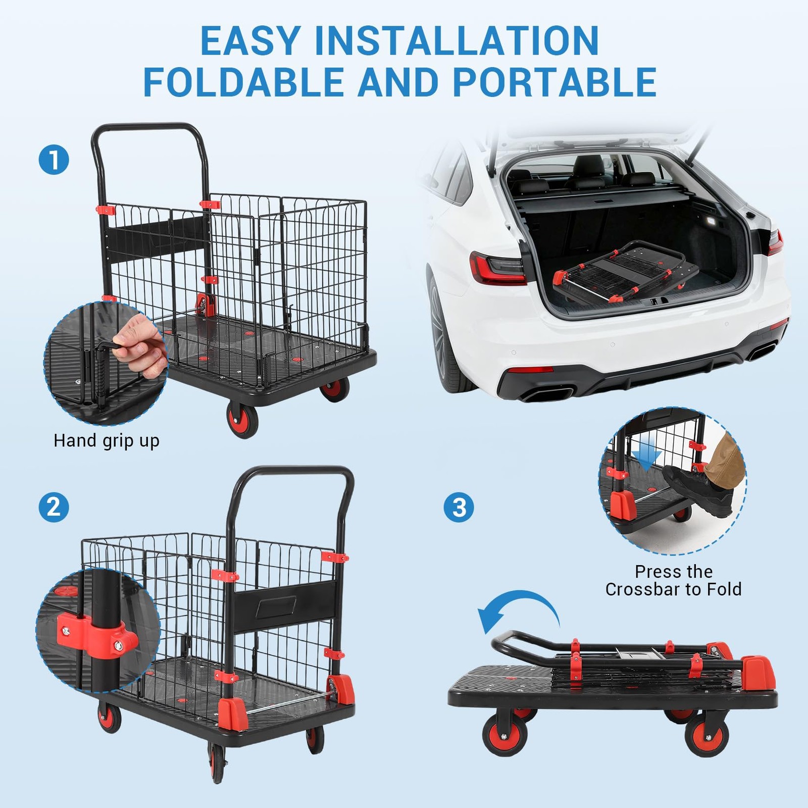 1000Lbs Platform Truck Cart with Cage 2in1 Heavy Duty Push Cart Dolly Foldable