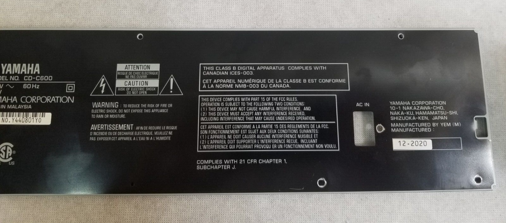 YAMAHA CD-C600 CD Changer BACK METAL PANEL