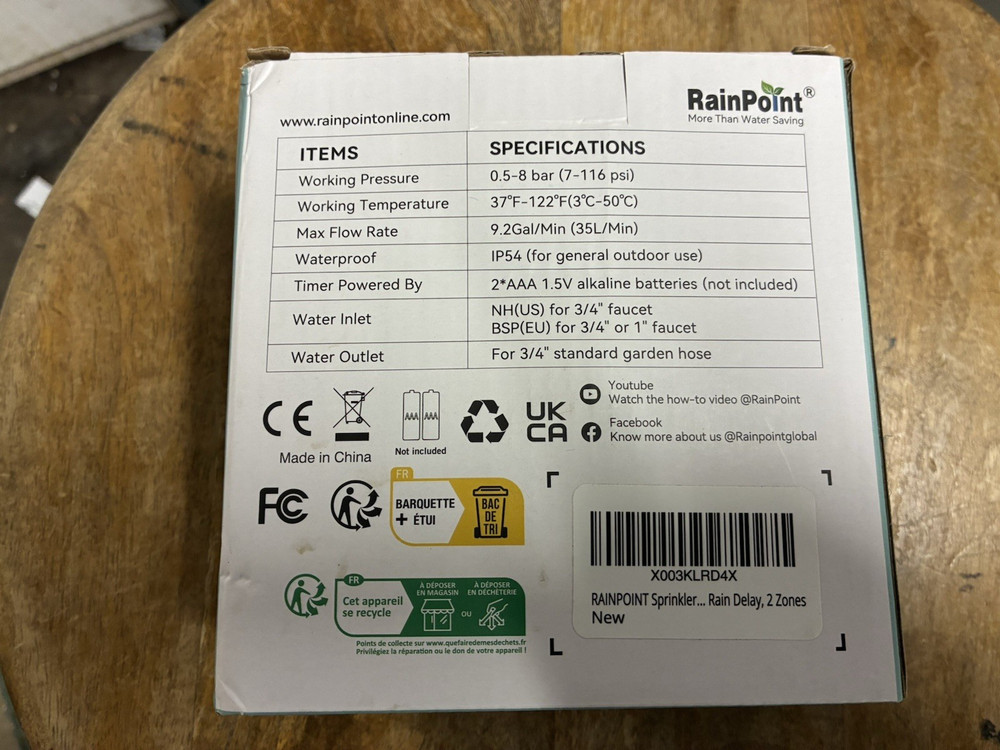 New ITV205 RainPoint Programmable 2 Zone Water Timer w/Rain Delay/Auto Control