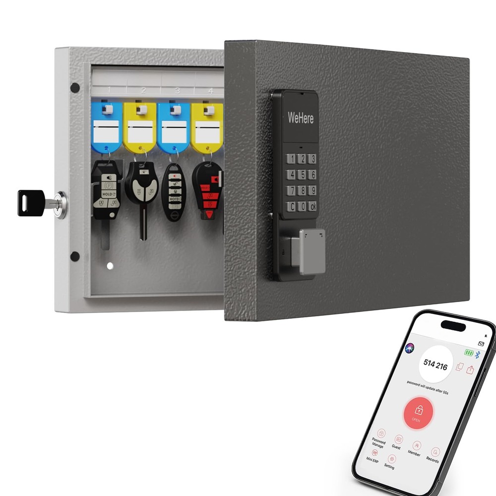24 Key Lock Box Wall Mount, APP Bluetooth/OTP/Wi-Fi/Fixed Code/Key Unlock, Sm...