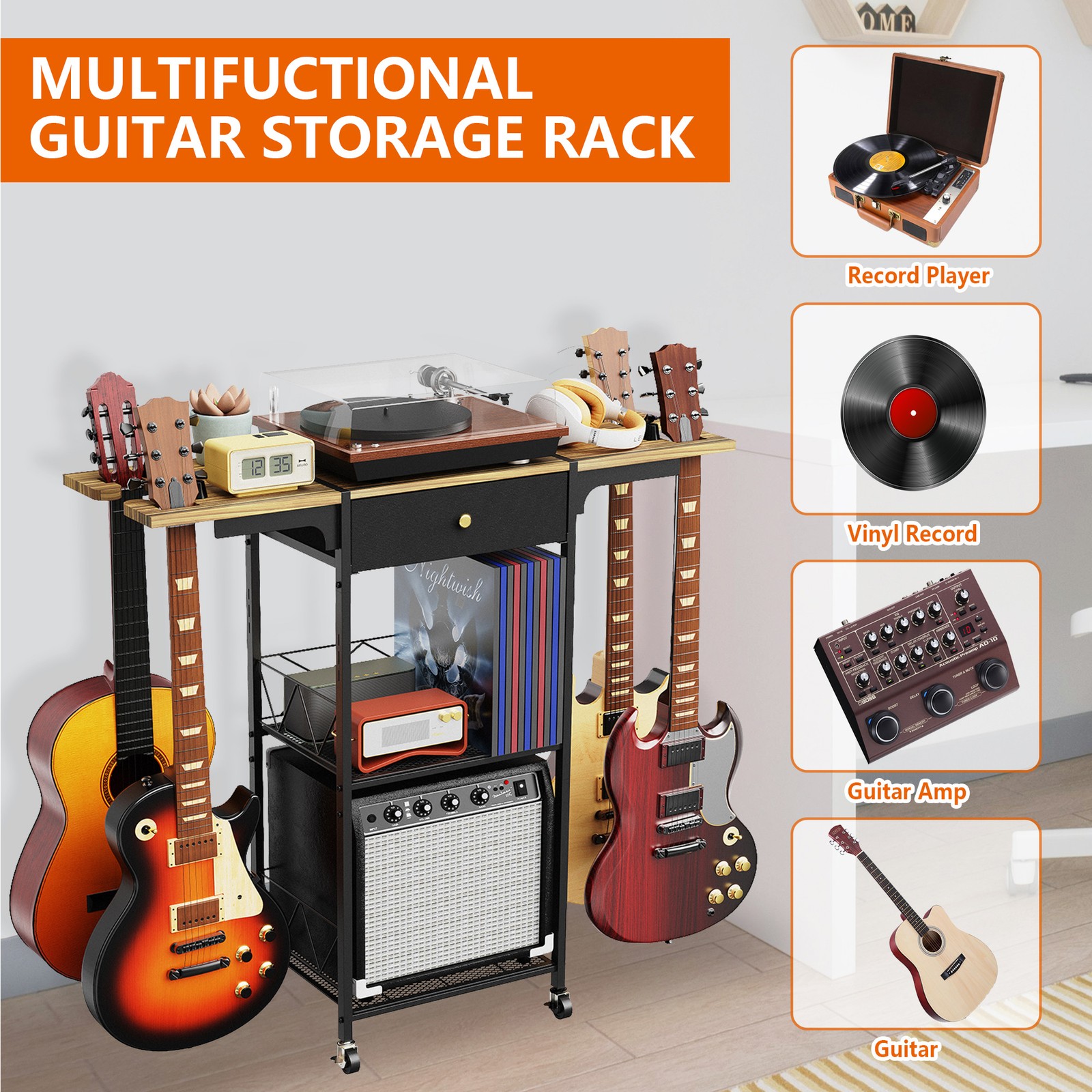 3-Tier Multi Guitar Stand with 4 Guitar Holder & Wheel,3-In-1 Floor Guitar Rack