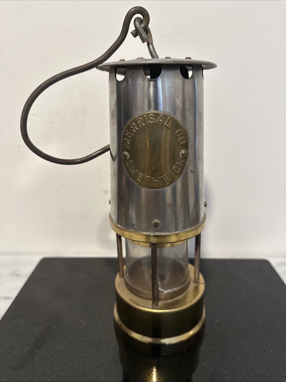 ANTIQUE MINER’S LAMP Merrisal Co. Smethwick Marking Brass Glass Insert READ