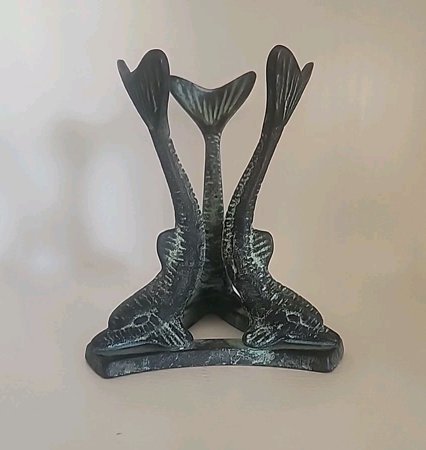 Vintage Solid Bronze Three Dolphin Orb/Candle Holder