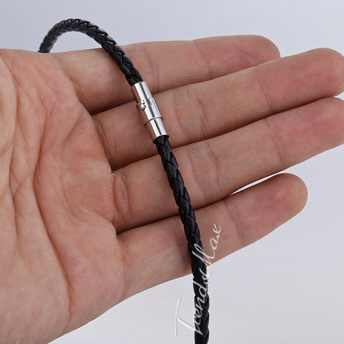 Men's Black Braided Leather Cord Necklace Choker Magnetic Clasp