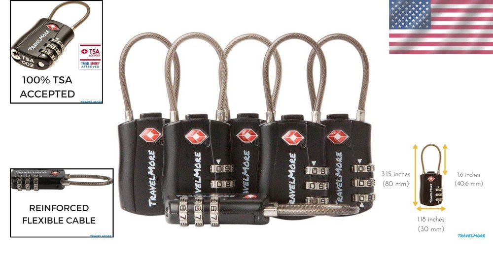Black TSA Cable Locks 6 Pack - Heavy Duty