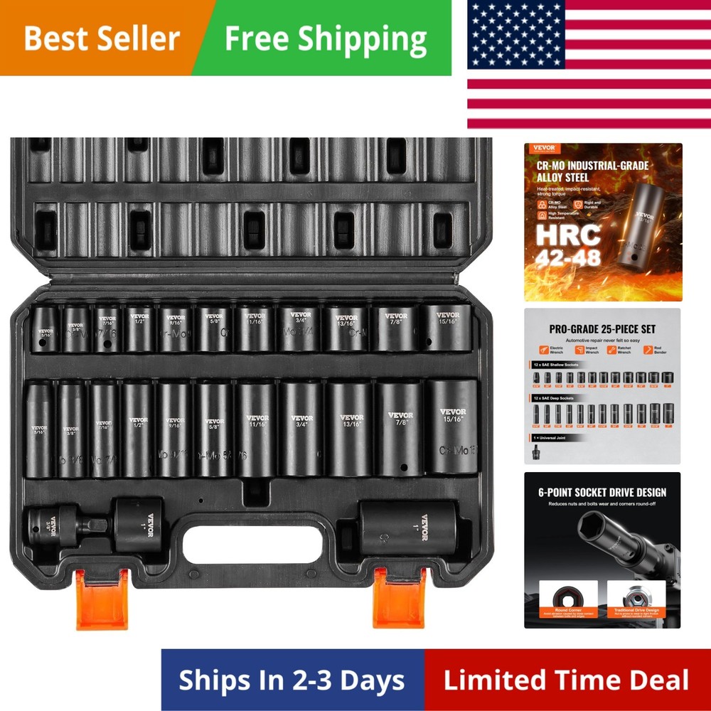 3/8" Drive Impact Socket Set, 25 Piece Deep & Shallow Socket Set SAE 5/16" - ...
