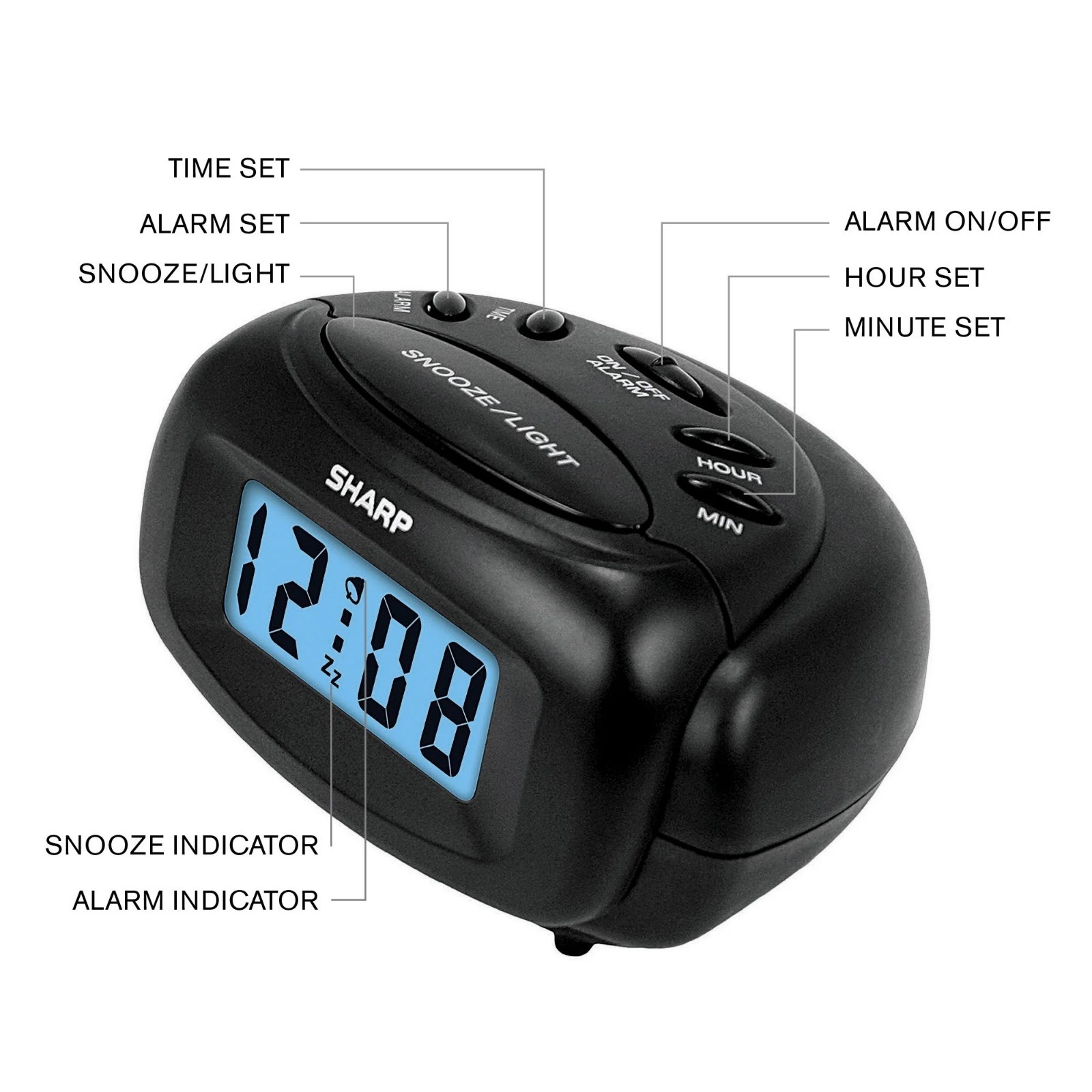 Digital Alarm Clock, Black, LCD Display, Battery Operated, Small, Travel Clock