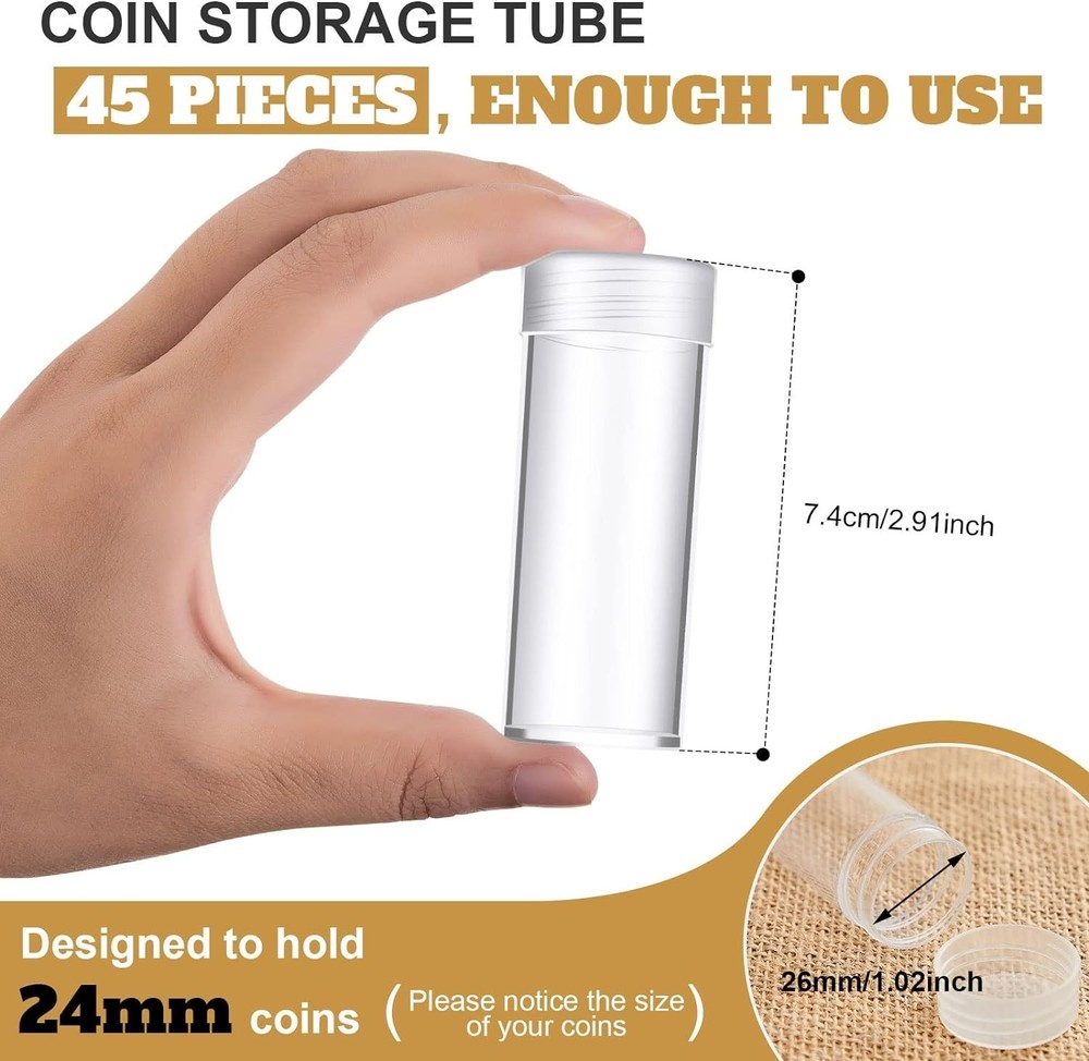 Compact Clear Plastic Quarter Storage Tubes - 45 Count with Rotatable Screw Lids