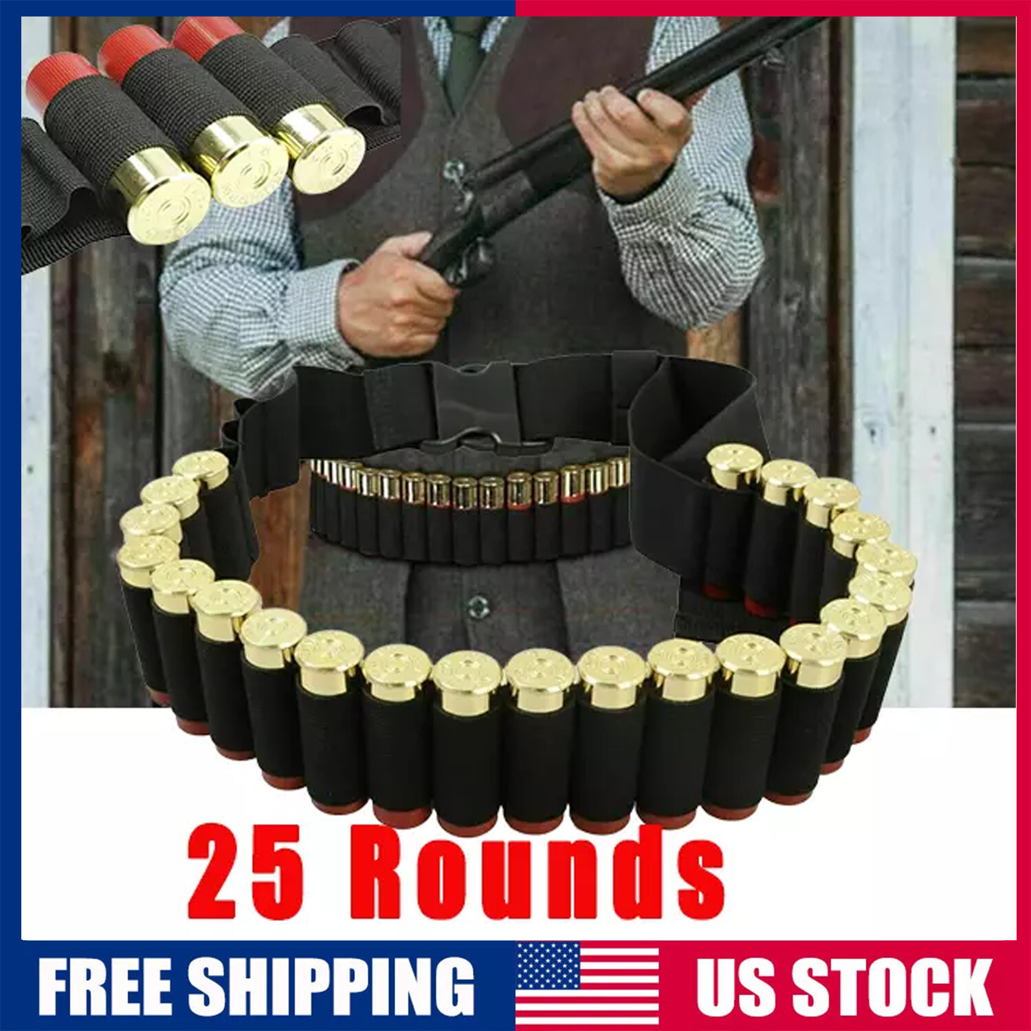 Shotgun Shell Holder 25 Shells 12/20GA Gauge Cartridge Ammo Bandolier Belt Black