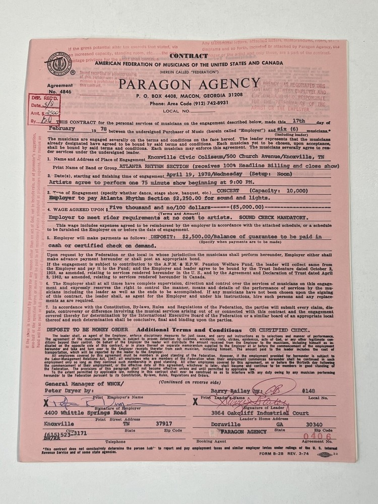 The Atlanta Rhythm Section Concert Contract 1978 Knoxville TN