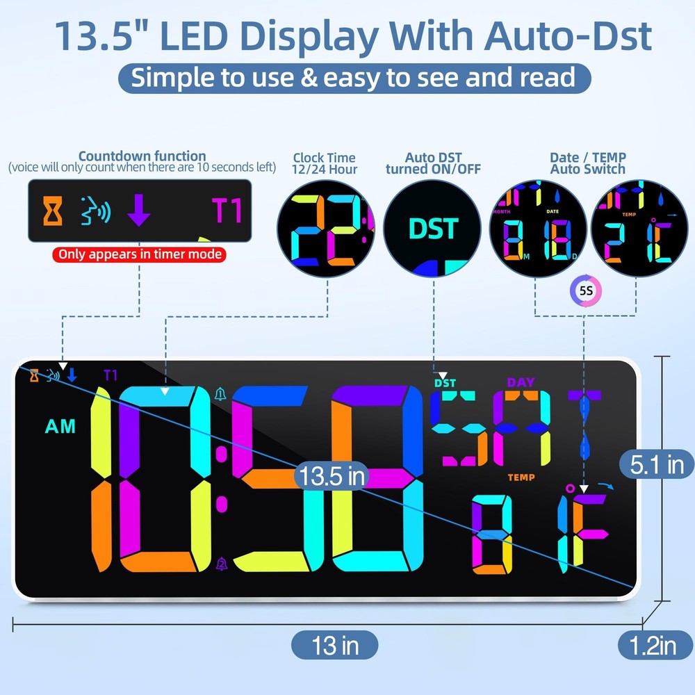 Large Digital Wall Clock Timer 13.5" Large Display Available In 11 Color Mode...