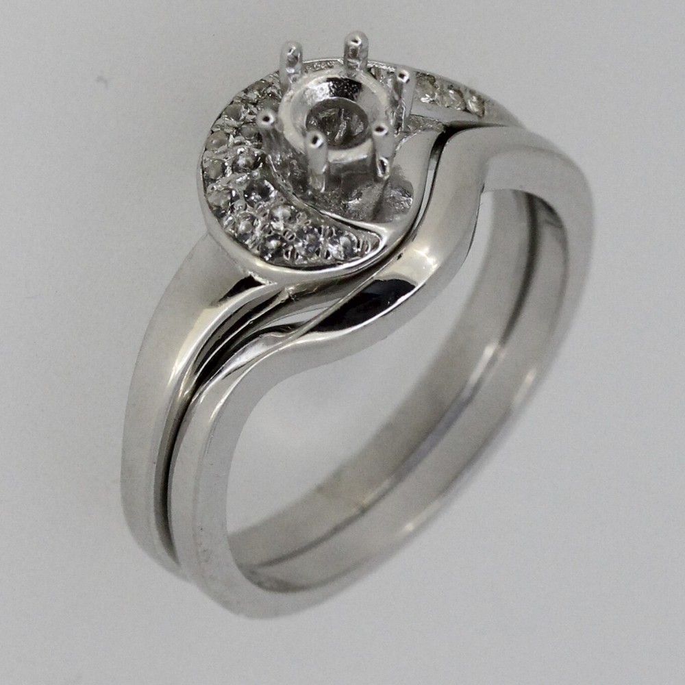 2 Pc Set Sterling Silver Semi Mount Engagement Ring Setting RD 4x4mm White Topaz