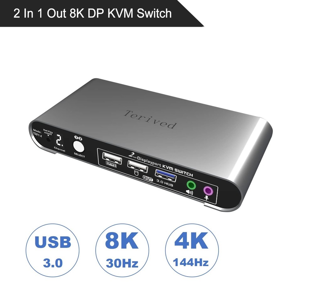 Terived 2 Port DP USB 3.0 Automatic KVM Switch Two Computers 1 DisplayPort Mo...
