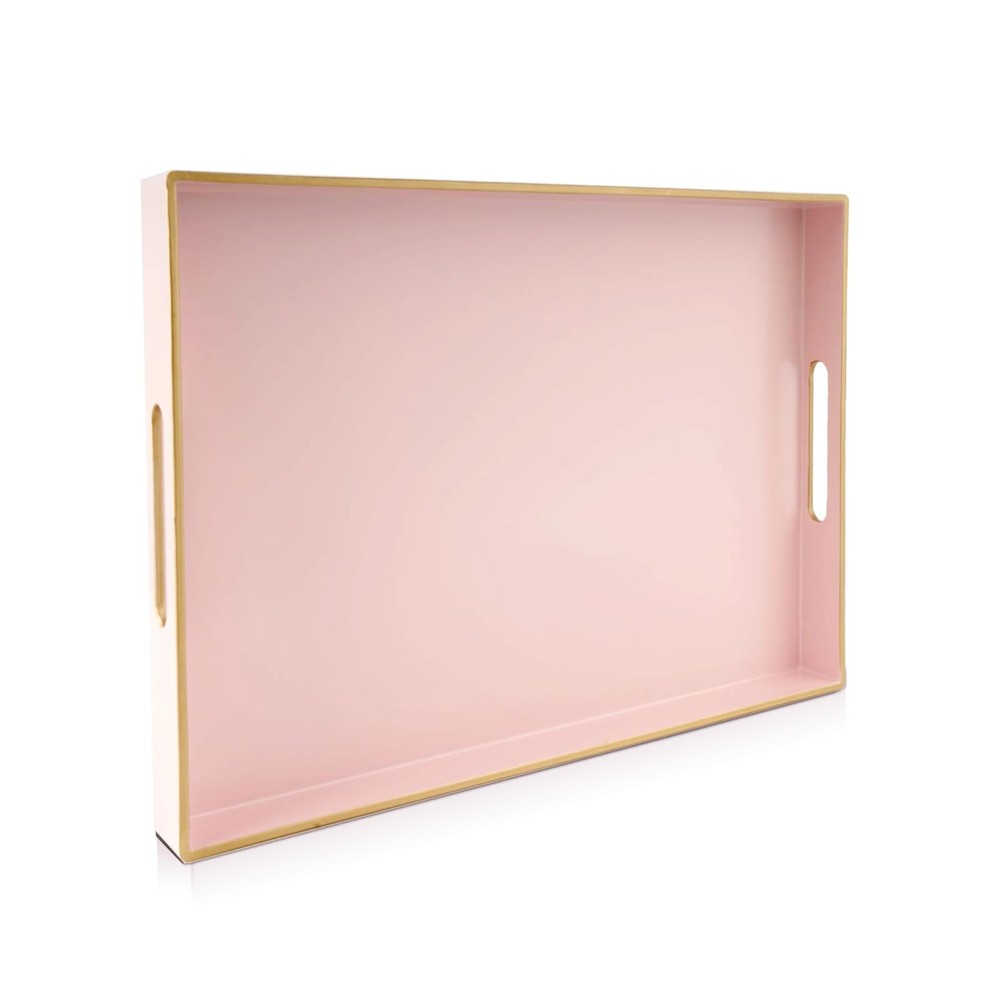 Pink Large Serving Tray with Handles，Rectangular Plastic Elegant Decorative C...