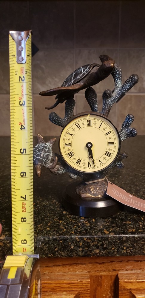 Stunning Brass Frame Marble Base Coastal Turtle Tabletop Clock Home Decor