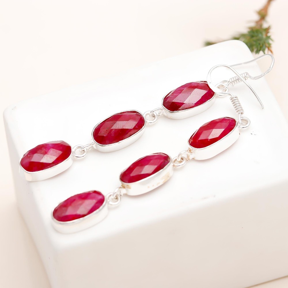 Ruby Lab Created Gemstone Dangle Handmade 925 Sterling Silver Earring Jewelry