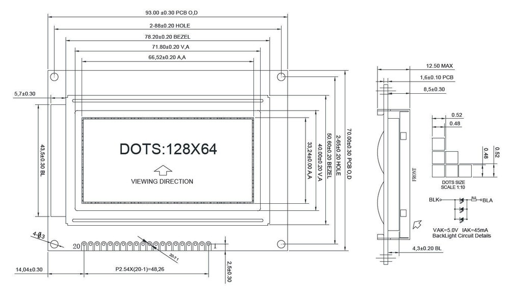 12864 128x64 Blue Graphic LCD Module Display,ST7920 Controller,Serial Interface