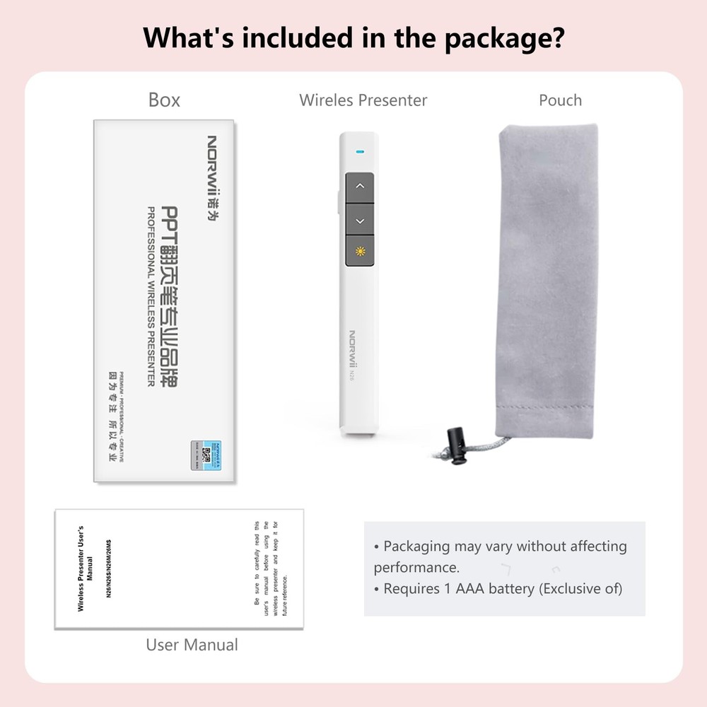 N26 Wireless Presentation Clicker White Remote PowerPoint Presenter Pointer