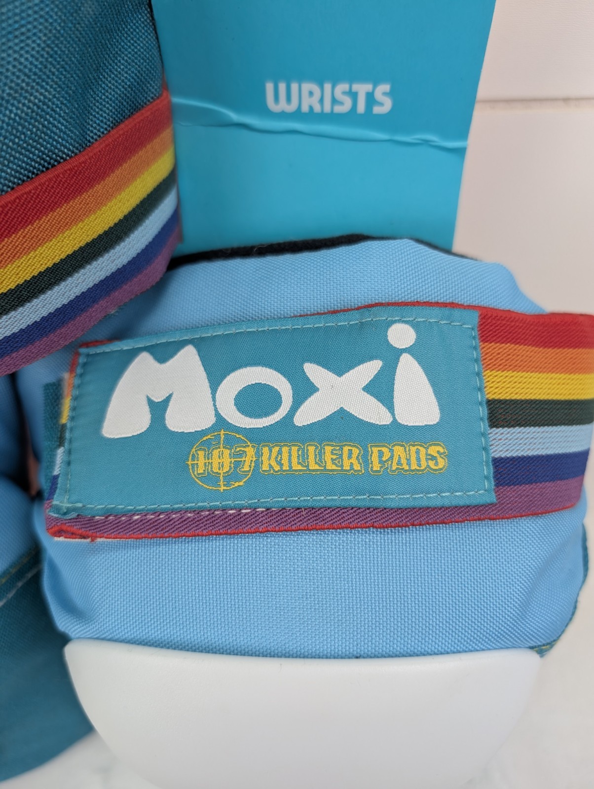 Moxi 187 Killer Pads Roller Skate Pad Set Knee Elbow Blue Rainbow Stripe