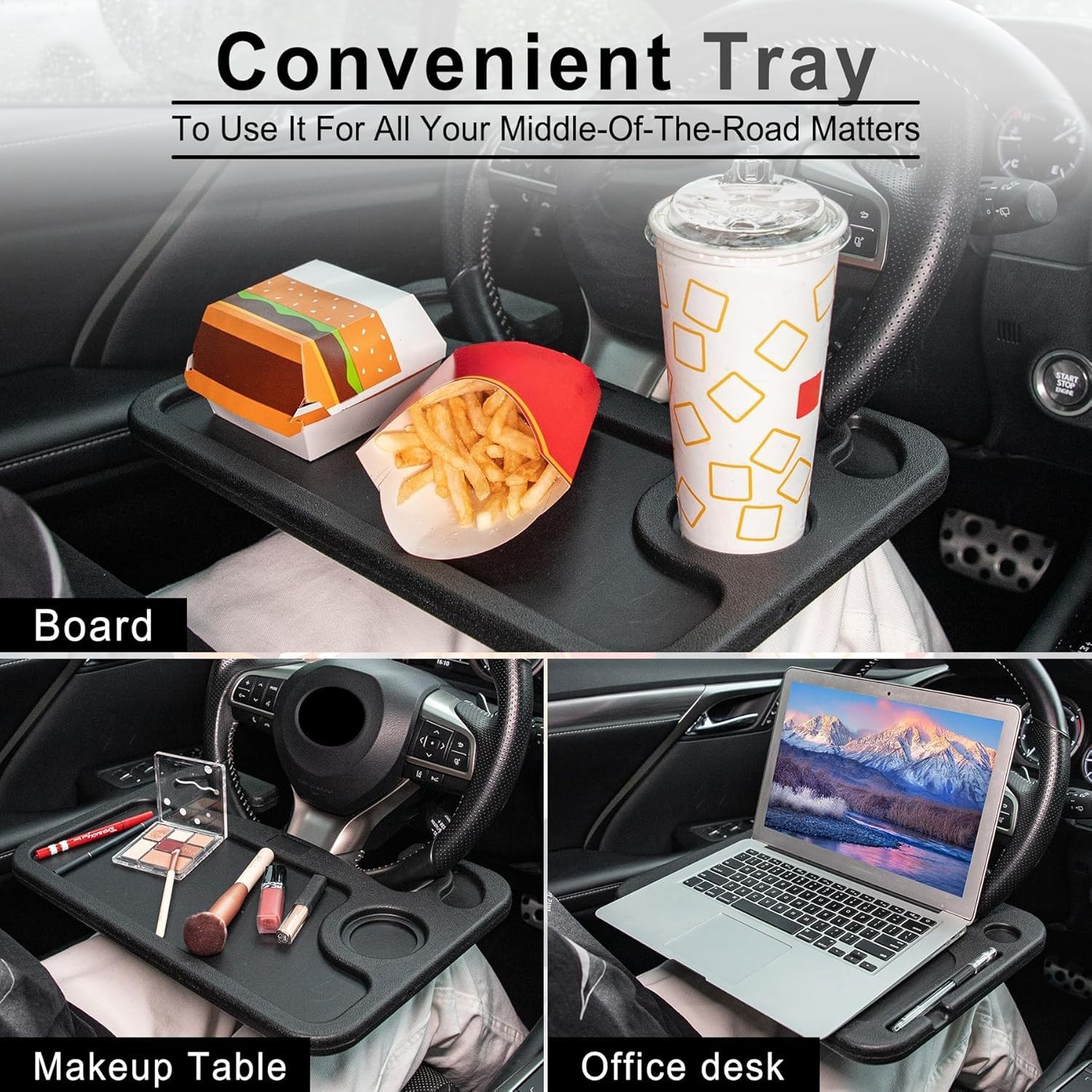 Car Steering Wheel Desk Tray Laptop Eating Travel Accessory Black