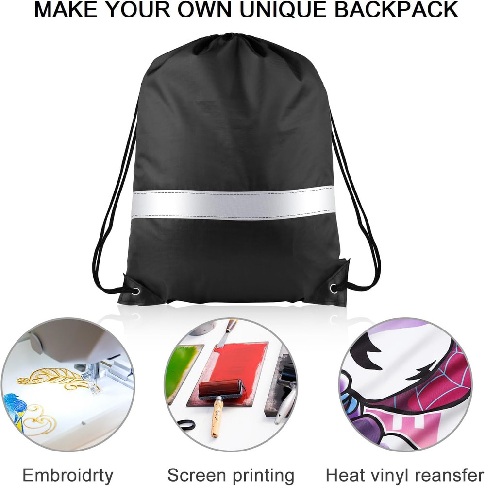 12 Pcs Drawstring Backpack Bag Bulk Reflective Backpack Black String Bags Cinch