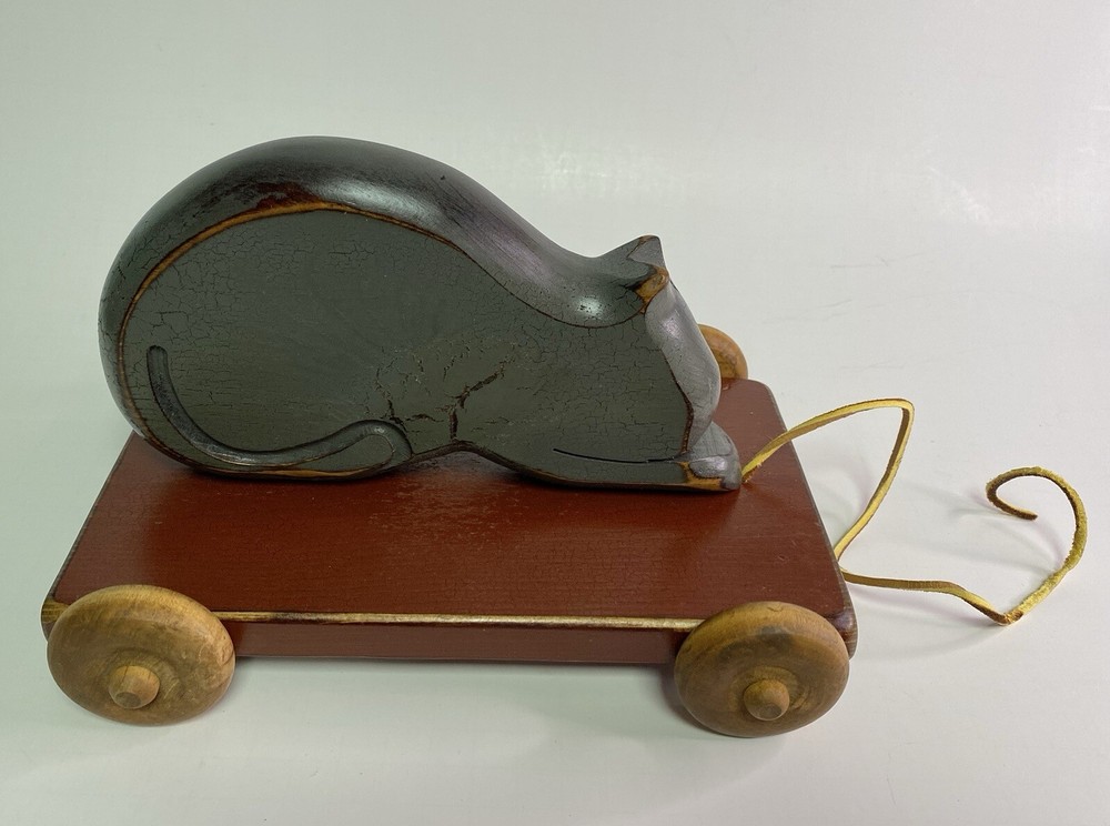 T.C.Barnyard Cat Painted Wood Leather Pull Primitive Pull Toy Henn Workshop 1993