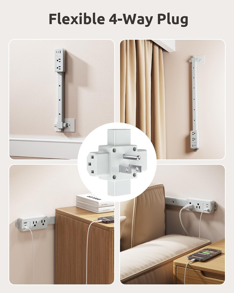 NUTICT Electrical Outlet Extender Stick, 2 AC Outlets & 2 USB-C & large, Grey