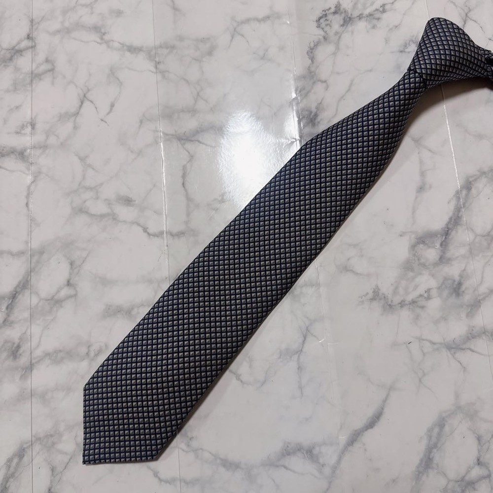 HERMES Square Pattern Tie Navy Gray with Box