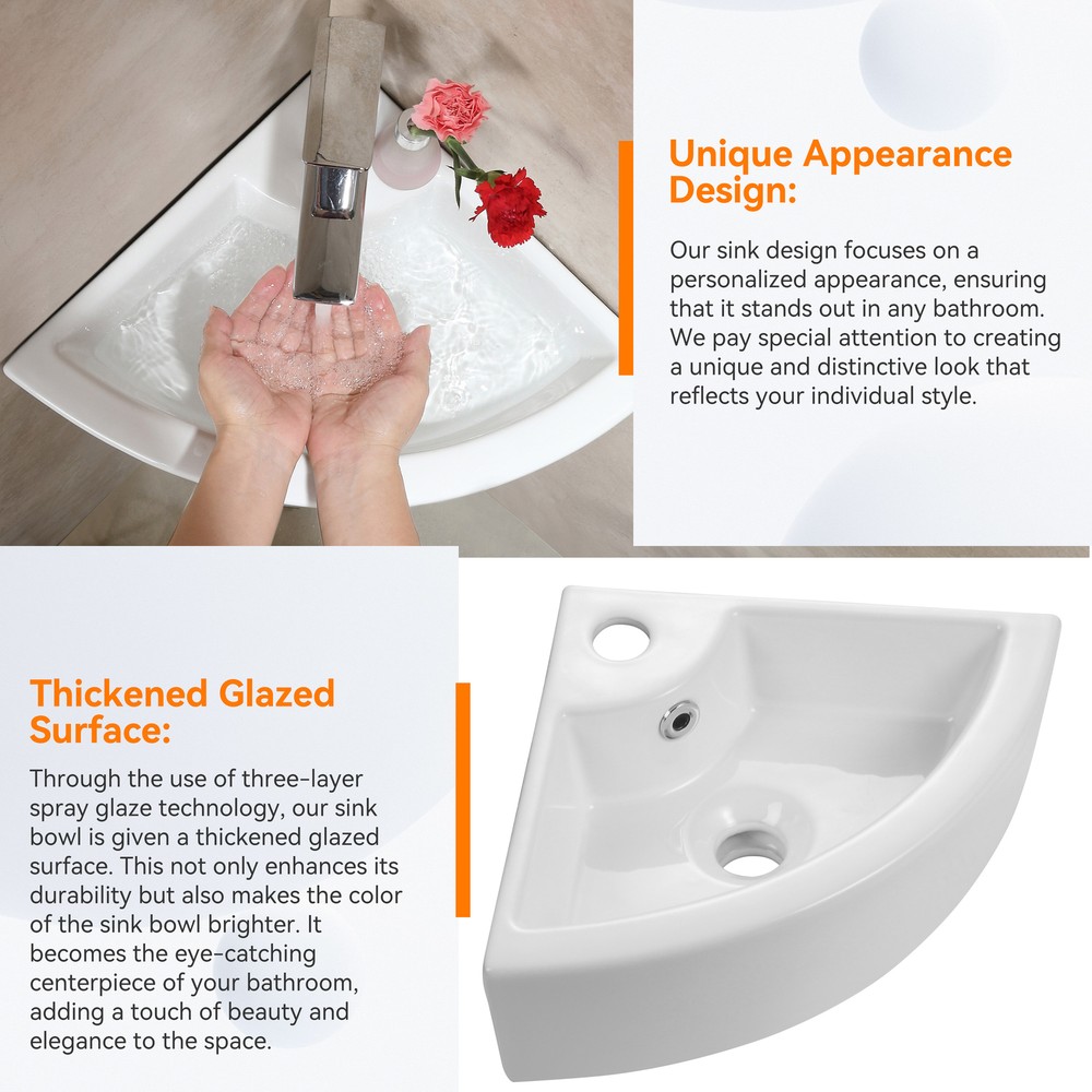 Small Wall Mount Corner Bathroom Sink with Overflow Triangle White Ceramic