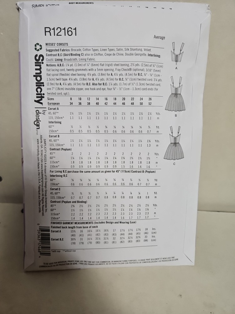 SIMPLICITY CORSETS COSTUMES PATTERN # R12161