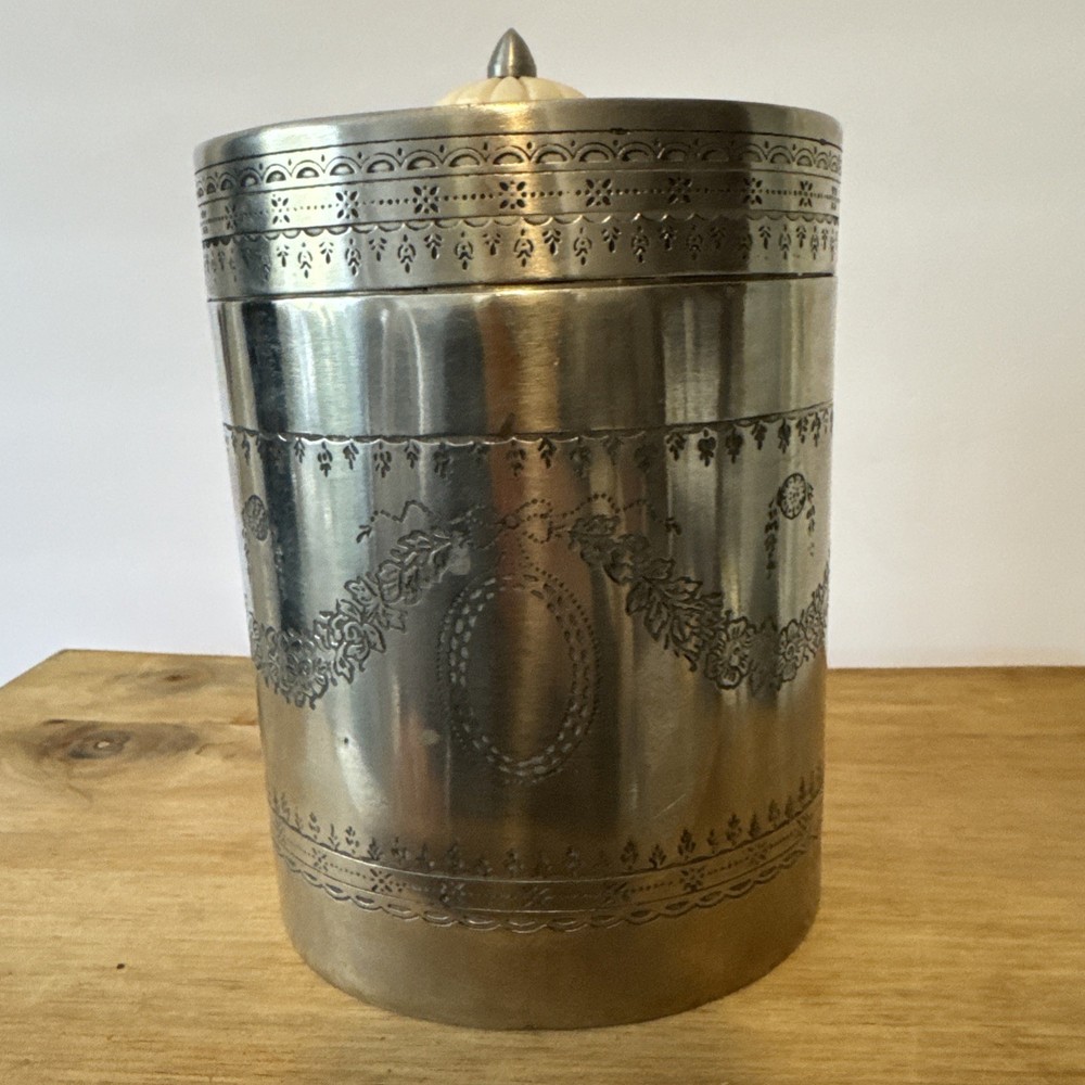 Vintage Silverplate Engraved Tea Caddy Biscuit Barrel Oval 7.5"