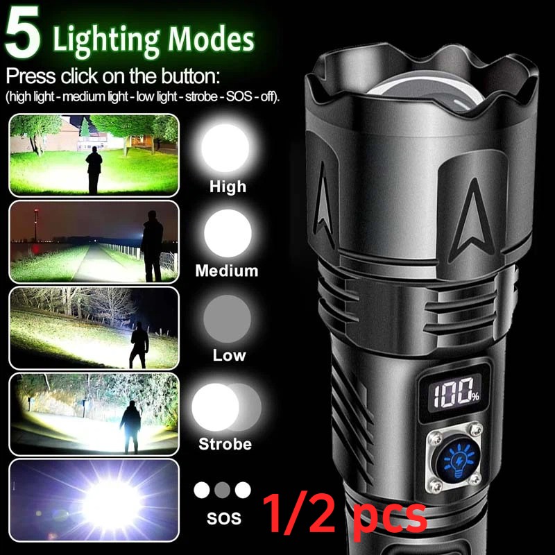 1/2PCs Super Bright LED Tactical Flashlight 5 Modes Rechargeable  Work Light