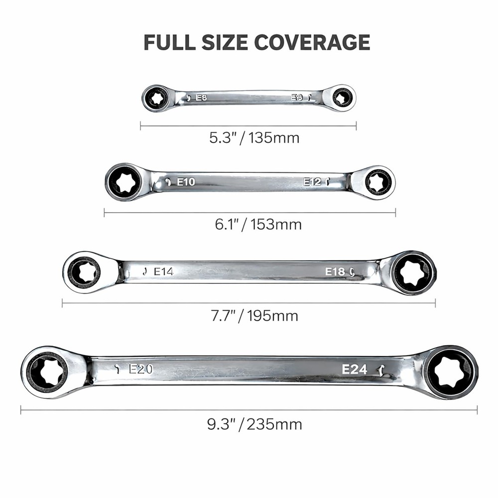 E-Torx Double Box Ratcheting Wrench Set, 4 Sets 72-Tooth Dual Head E6 E8 E10
