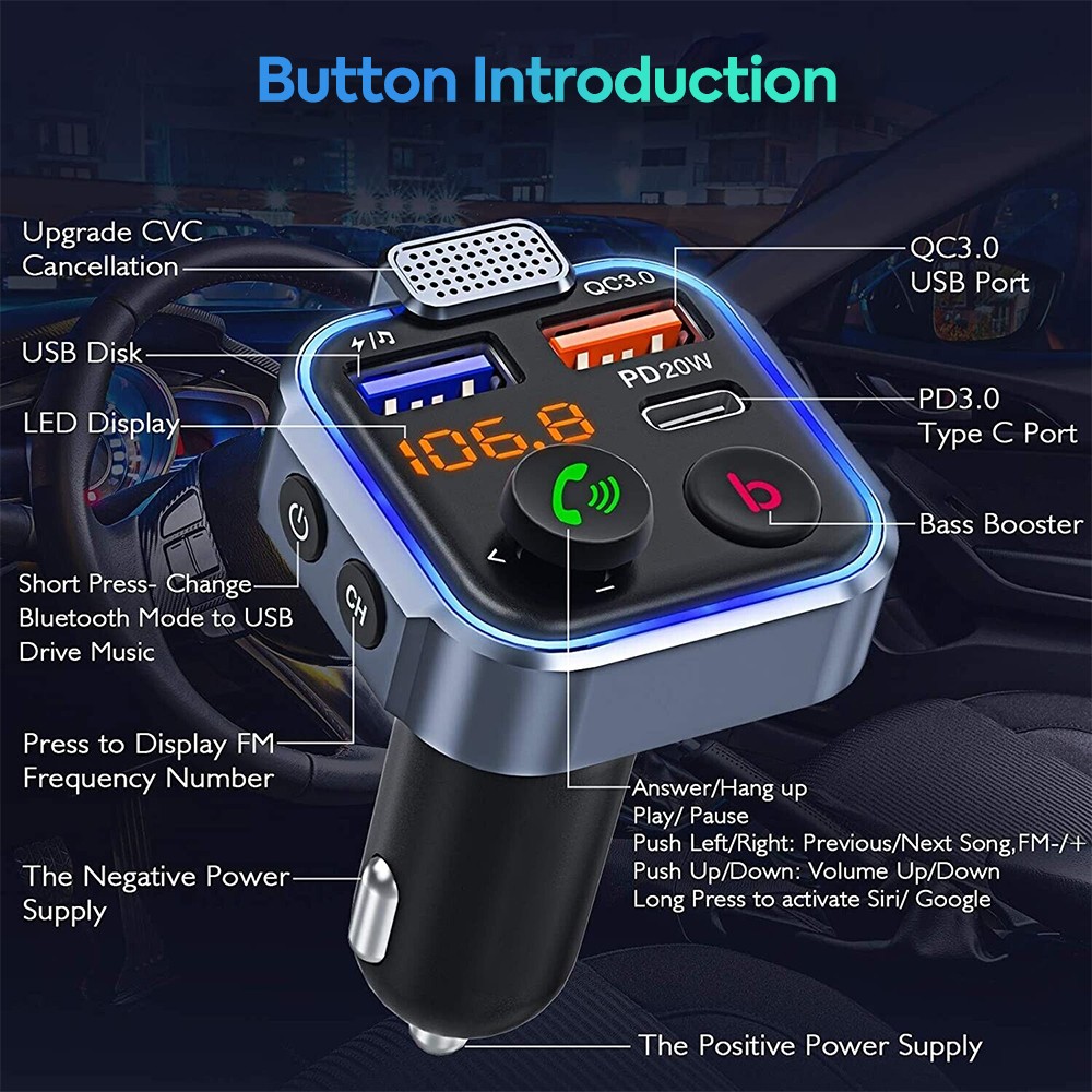 Bluetooth FM Transmitter QC3.0 PD USB-C Car Charger Wireless RGB Backlit Adapter