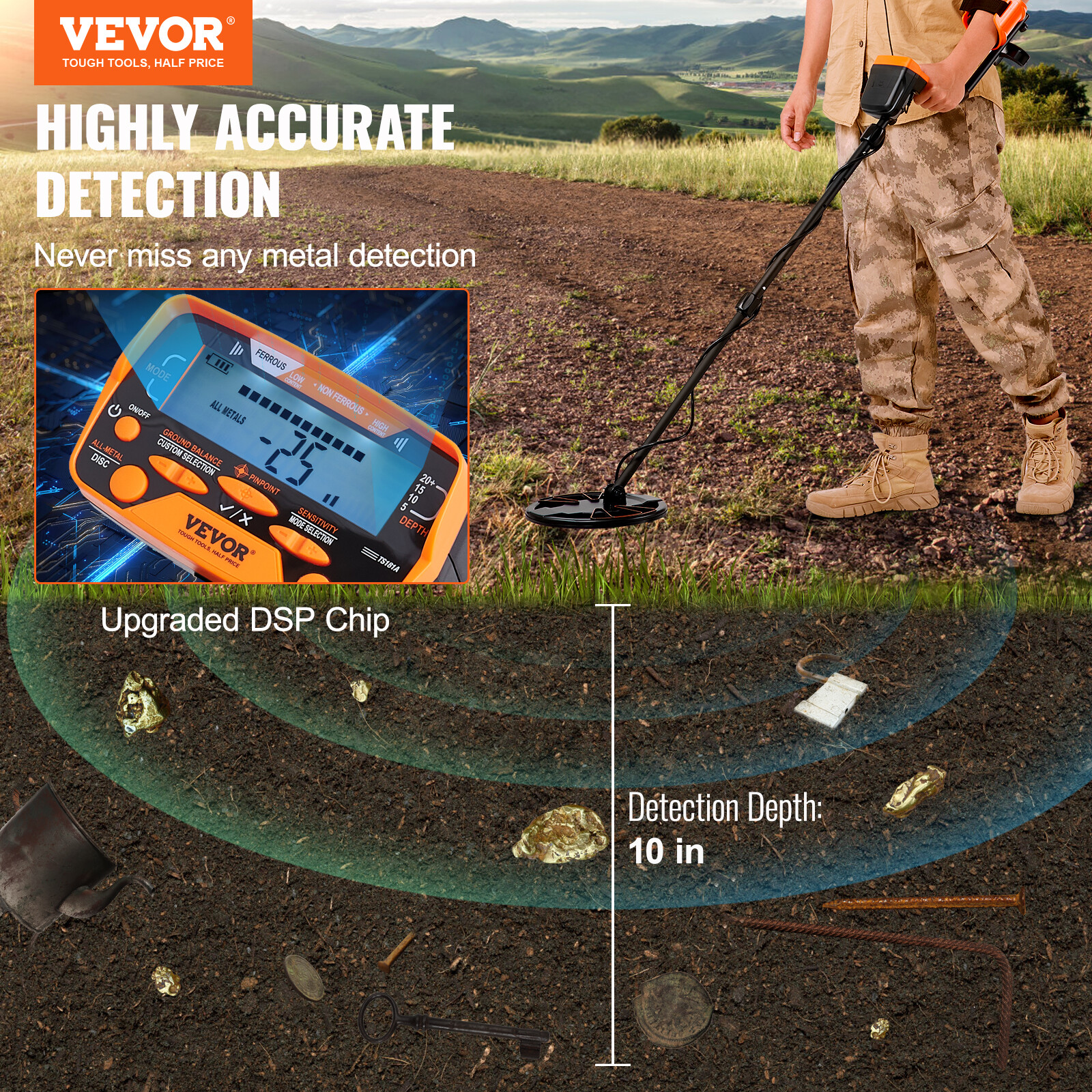 VEVOR Metal Detector for Adults Professional Gold Detector 10 in IP68 Waterproof