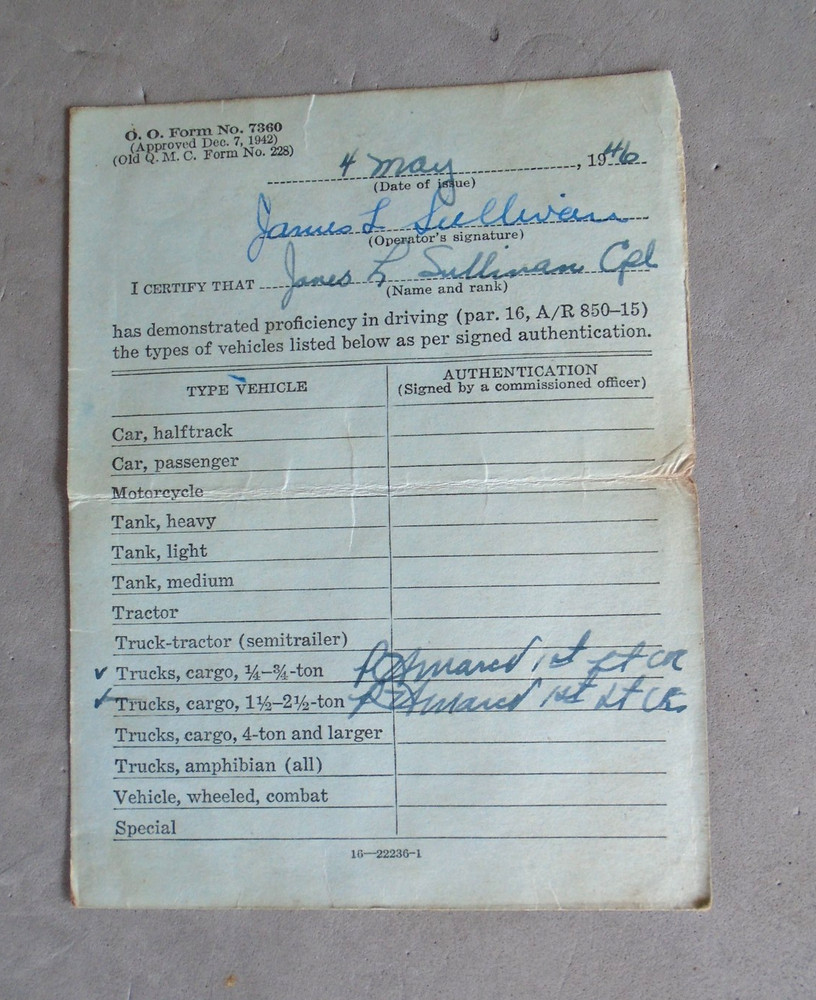 US Motor Vehicle Operators Permit, dated 1946