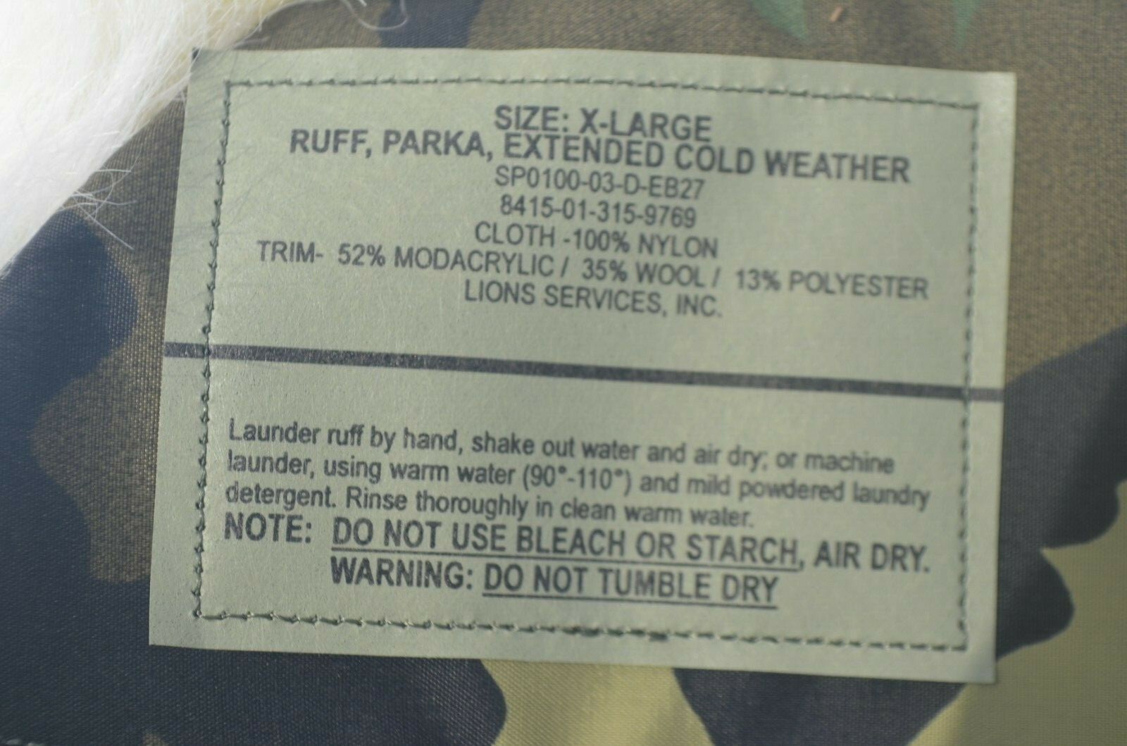 ECWCS GORETEX PARKA HOOD RUFF Fur Extended Cold Weather WOODLAND X-Large NWT