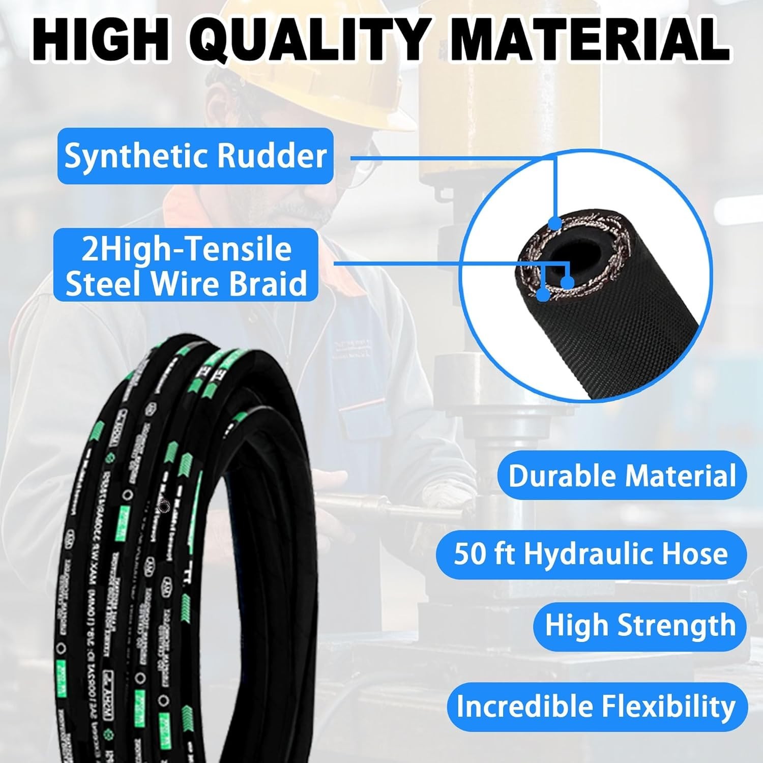 Smooth 3/4" x 100ft Hydraulic Hose - 2 Steel Wire Braid,3118 PSI Rubber Oil Hose