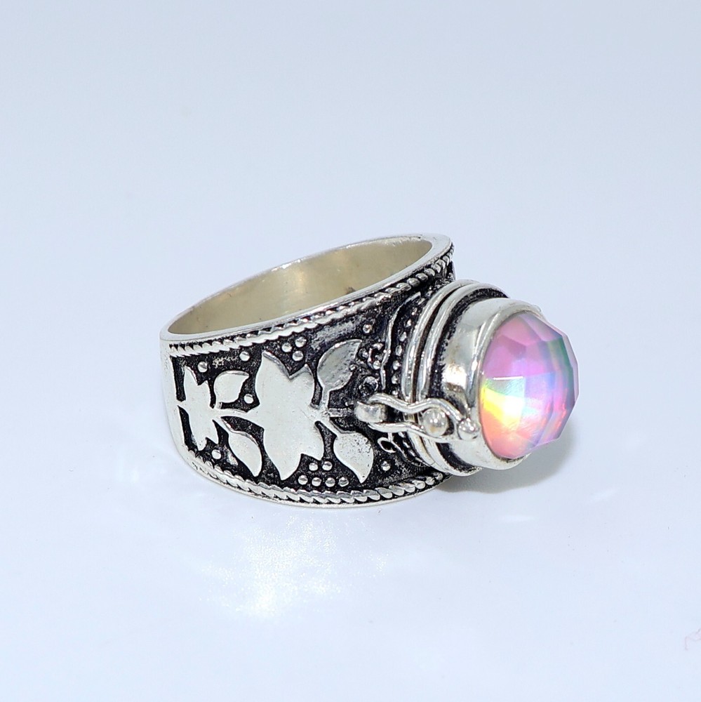Aurora Opal Poison Ring, 925 Silver Platted Ring, Compartment Pill Box Ring