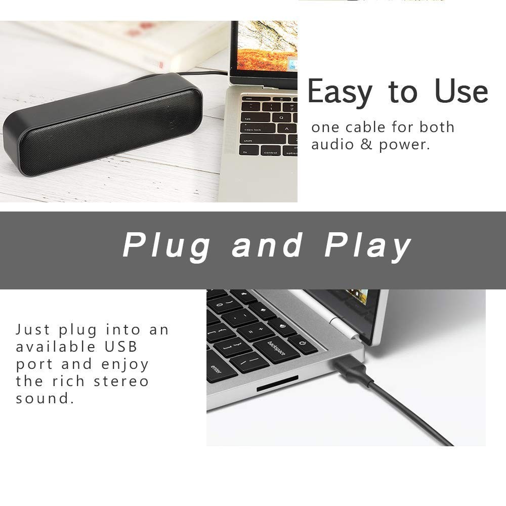 USB Computer Speaker for Desktop, Powered, Plug and Play, B, Black