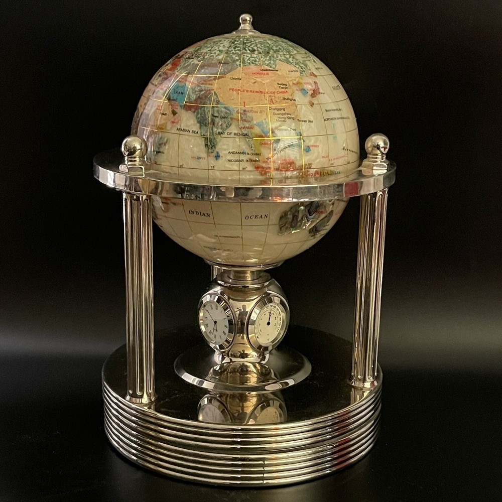 Beautiful Antique Precious Gemstone World Globe With Clock, Hydrometer, & Temp