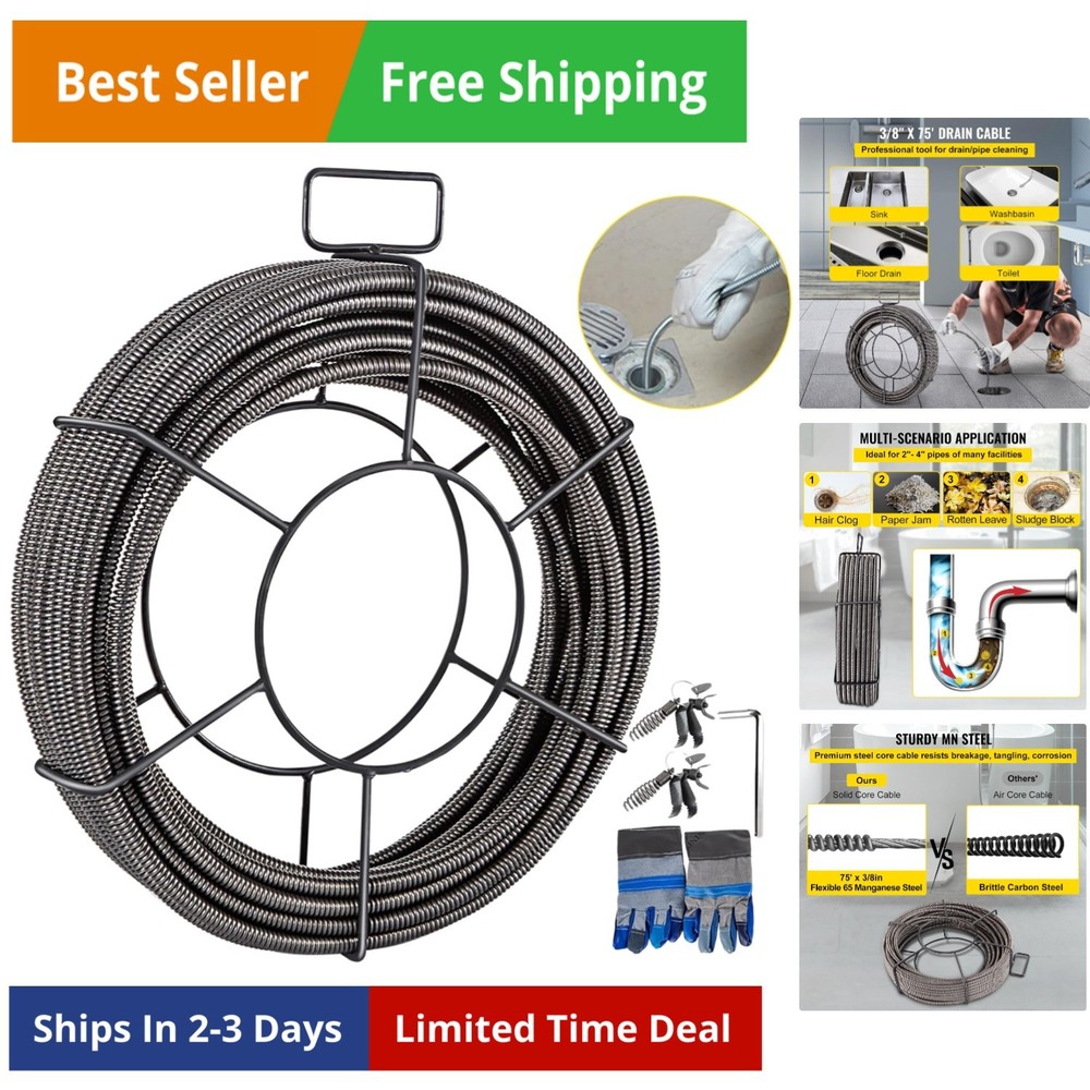 Drain Cleaning Cable 75ft x 3/8 inch Solid Core Cable Sewer Cable, Drain Auge...