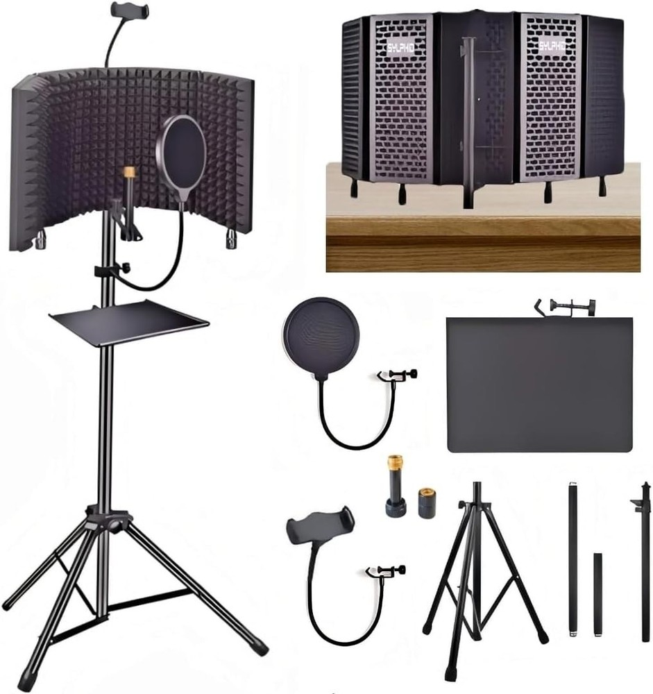 Microphone Isolation Shield with Pop Filter & Stand and Phone Clip, Foldable ...