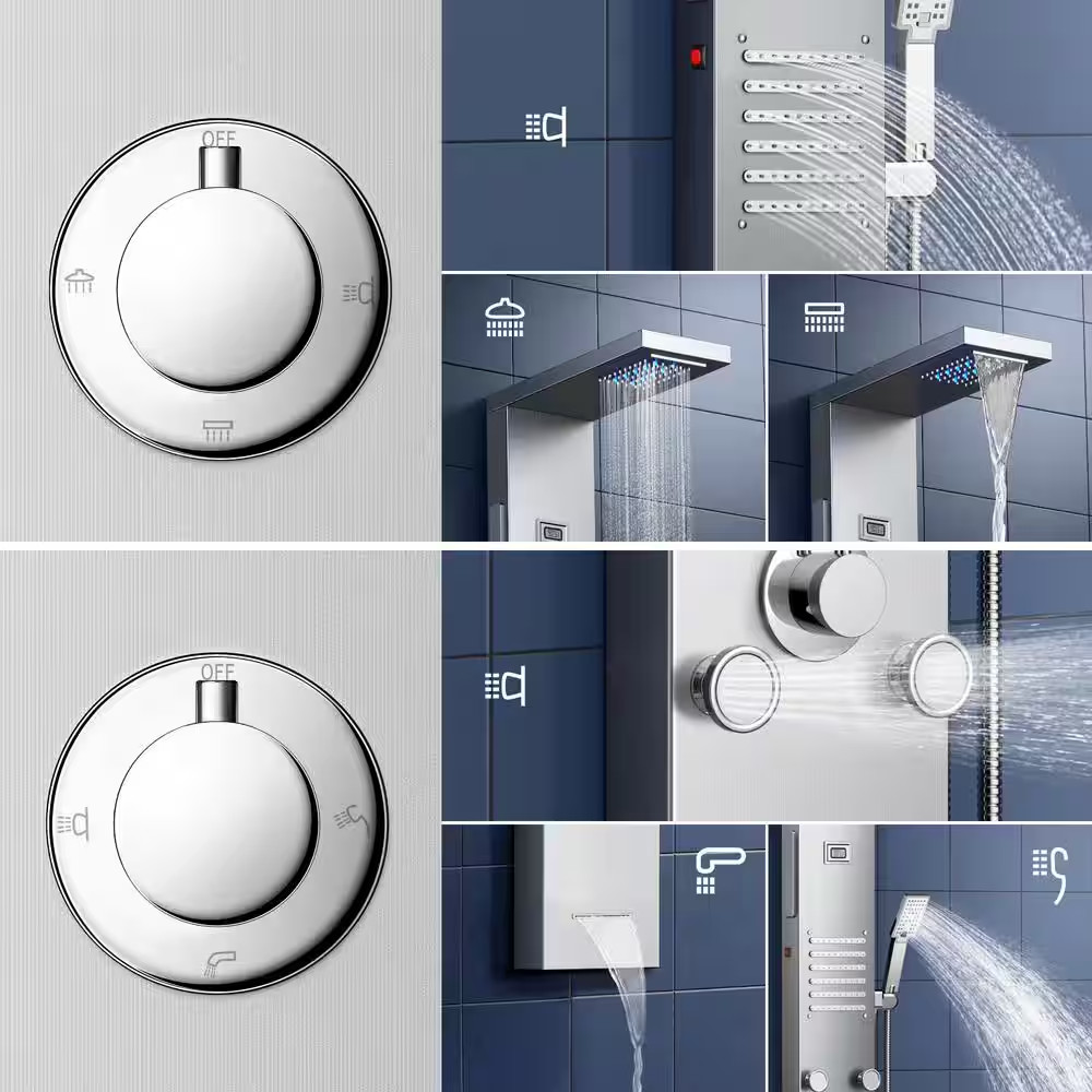 55 In. 6-Jet LED Rainfall Waterfall Shower Panel System with Adjustable Hand Bod
