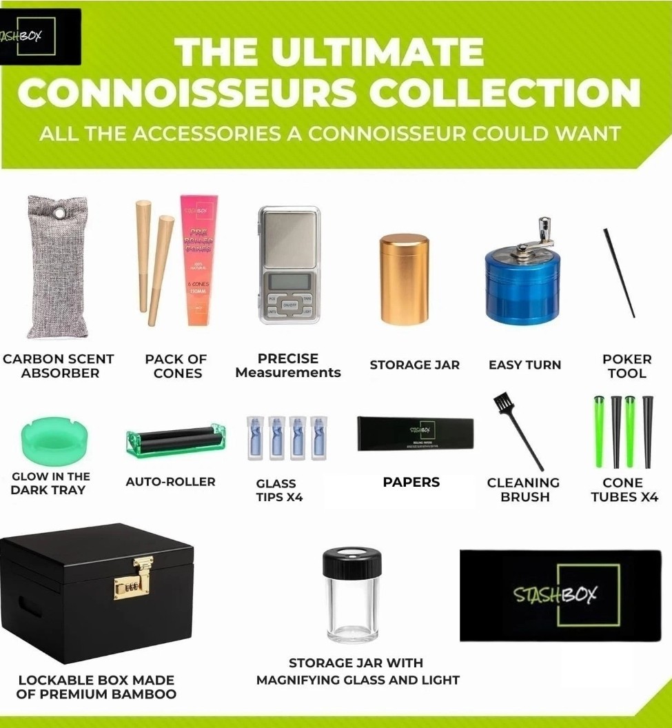 Stash Box with Rolling Tray, Smell Proof, Built-In Combo Lock & 21 Accessories