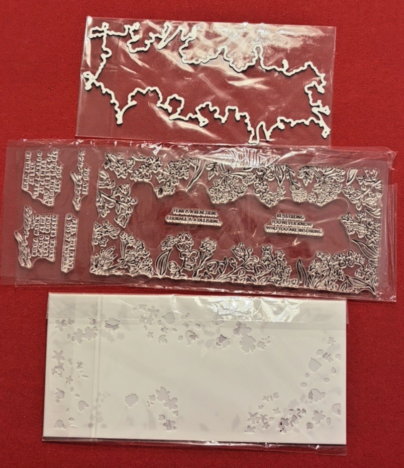 Slimline stamp with coordinating die and 3 stencil set