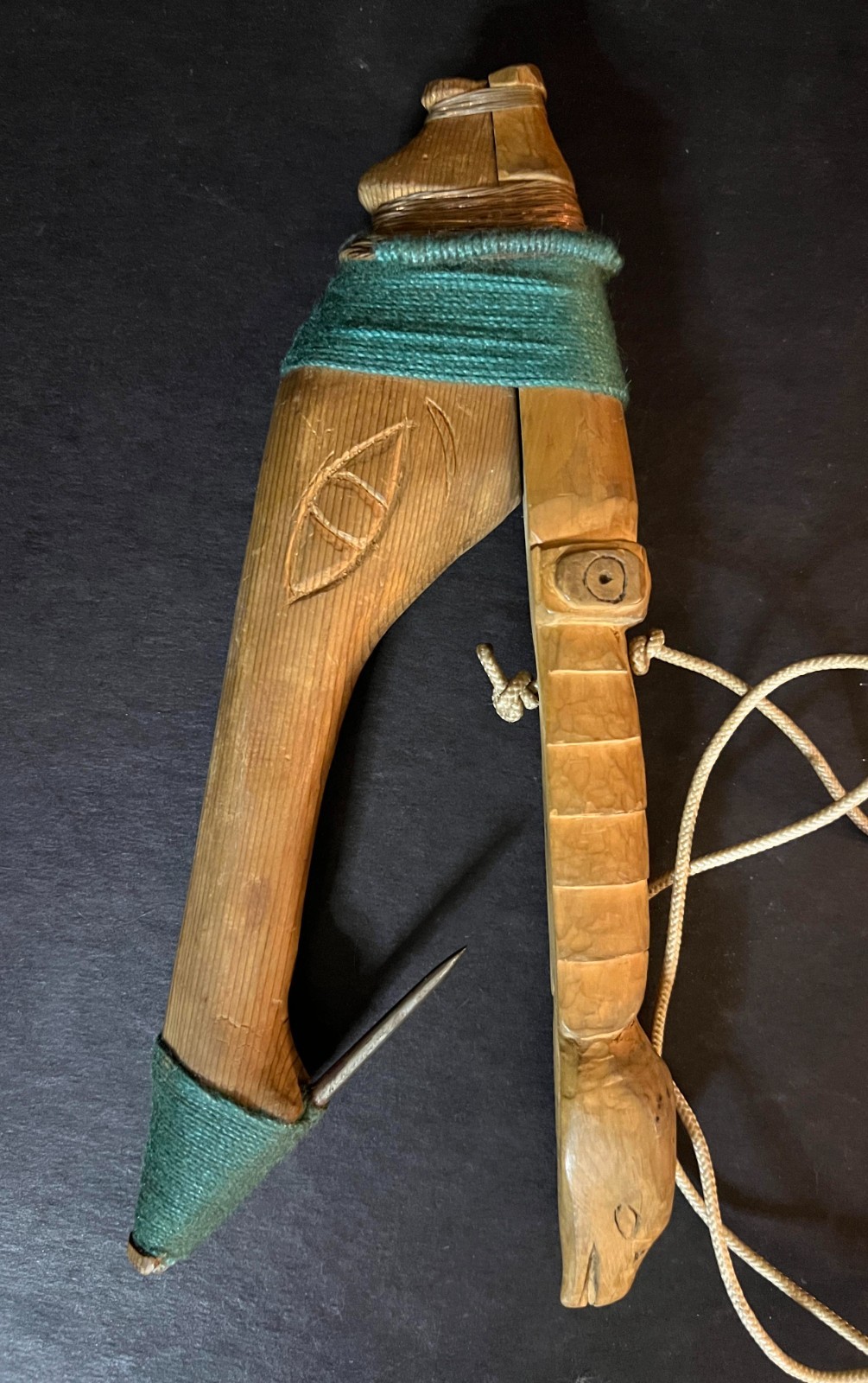 HAIDA-TLINGIT ANTIQUE HALIBUT HOOK w/Carved Totems Vintage Native Fishing