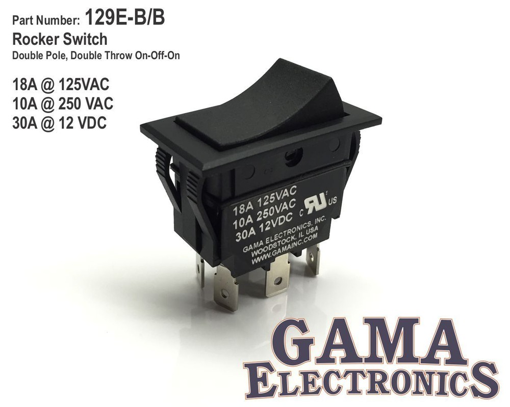 30 Amp DPDT Double Pole Double Throw On-Off-On Rocker Switch - 129E-B/B
