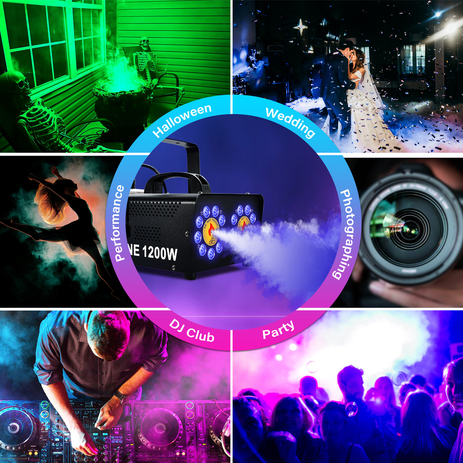 1200W Dual Spray Horizontal Fog Machine 18 RGB LED Stage DJ Light Smoke Machine
