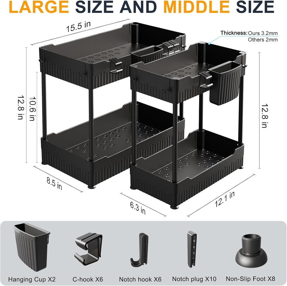 2 Pack Under Sink Organizer Storage Shelf w Hooks Black